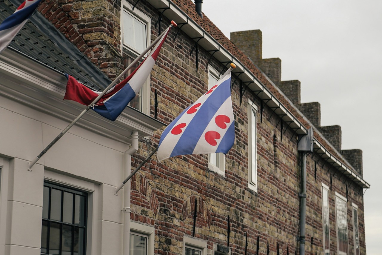 Lexus RZ300e Elfstedentocht zonder klunen Friese vlag aan gebouw Bolsward